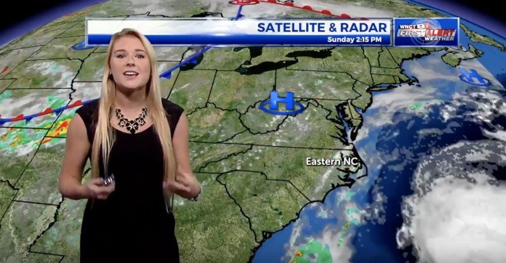 A weather owman in front of a green screen